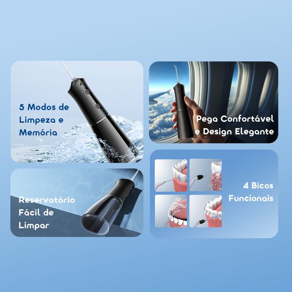 FlossJet Pro Fio dentário inteligente e confortável com 5 modos de limpeza. 5