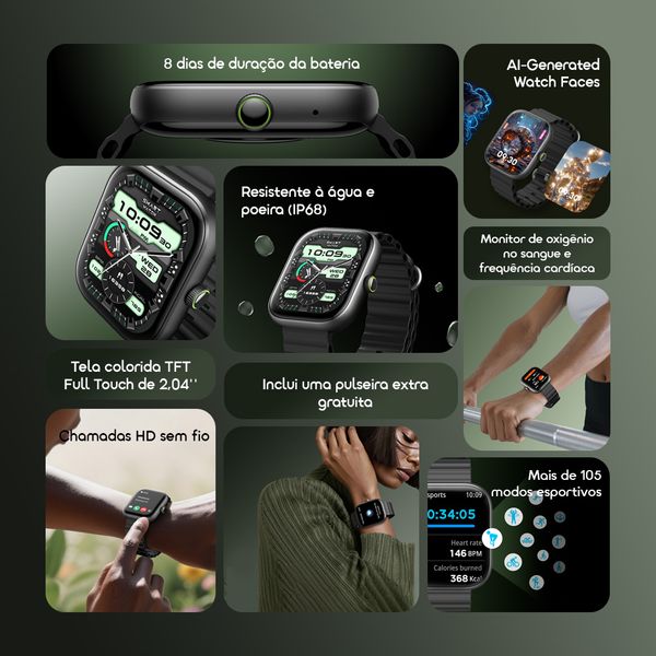 oraimo Watch 6 Relógio inteligente com monitor de ritmo cardíaco e oxigénio no sangue com ecrã TFT de 2,04" 3